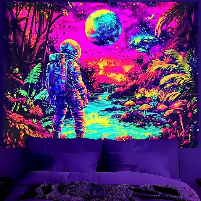 BVBOX Blacklight Space Astronaut Tapestry UV Reactive Galaxy Planet Glow in Dark Tapestries Black Light Poster Neon Wall Hanging Art for bedroom Living Room (Astronauts & Space -UV-3M)