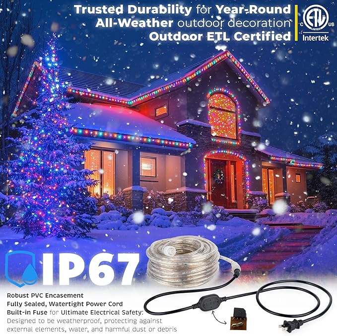 WYZworks 3312LEDs, 300ft LED Outside Rope Lights, Waterproof Permanent Outdoor ETL Certified Connectable Clear Tube, Christmas Palm Tree Holiday Decorative Landscape Patio Accent Lighting - Colorful