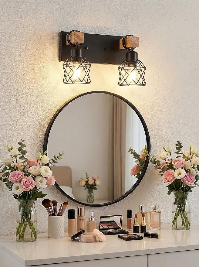 2-Light Farmhouse Vanity Light Fixture, Wood Bathroom Light Fixtures Over Mirror, Industrial Black Vanity Light with Metal Lampshade for Bedroom Hallway Living Room
