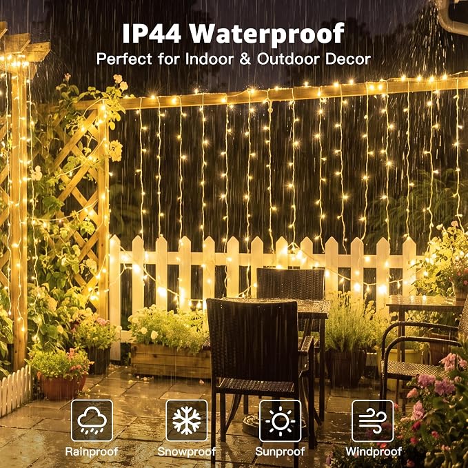 Ollny Curtain Lights 6.6x6.6ft, Plug in String Lights for Indoor Bedroom, 200 LED Connectable Fairy Light with Remote Timer 8 Modes, Waterproof Christmas Light for Outdoor Wedding, Warm White