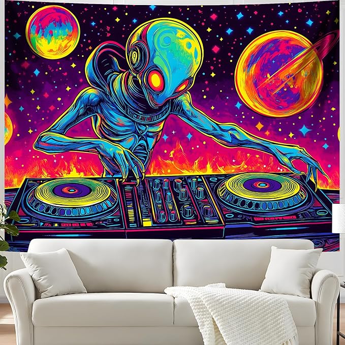 BVBOX Blacklight Space Astronaut Tapestry UV Reactive Galaxy Planet Glow in Dark Tapestries Black Light Poster Neon Wall Hanging Art for bedroom Living Room (Alien1-3M)