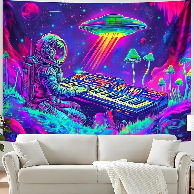 BVBOX Blacklight Space Astronaut Tapestry UV Reactive Galaxy Planet Glow in Dark Tapestries Black Light Poster Neon Wall Hanging Art for bedroom Living Room (Astronaut Play the Keyboard-3M)