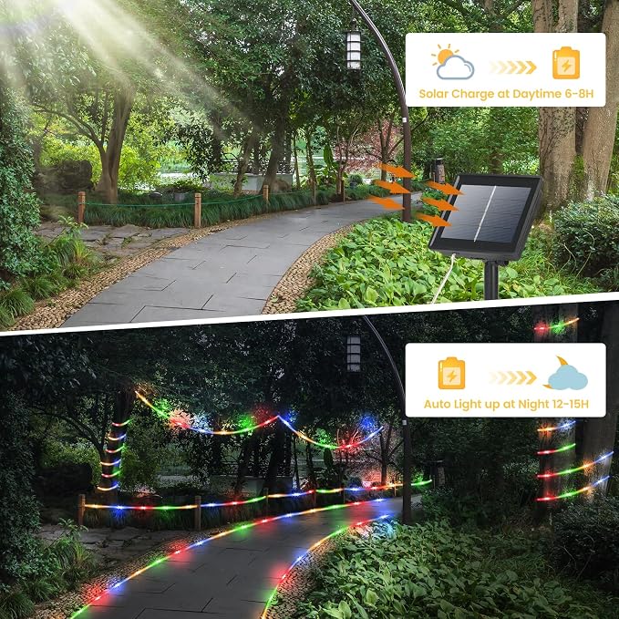200 LED Solar Rope Lights Outdoor, 66FT Solar String Lights Indoor Waterproof Solar Powered Trampoline Light Clear Tube Pool Light for Camping Fence Yard Walkway Path Garden Outside Decor(Multicolor)