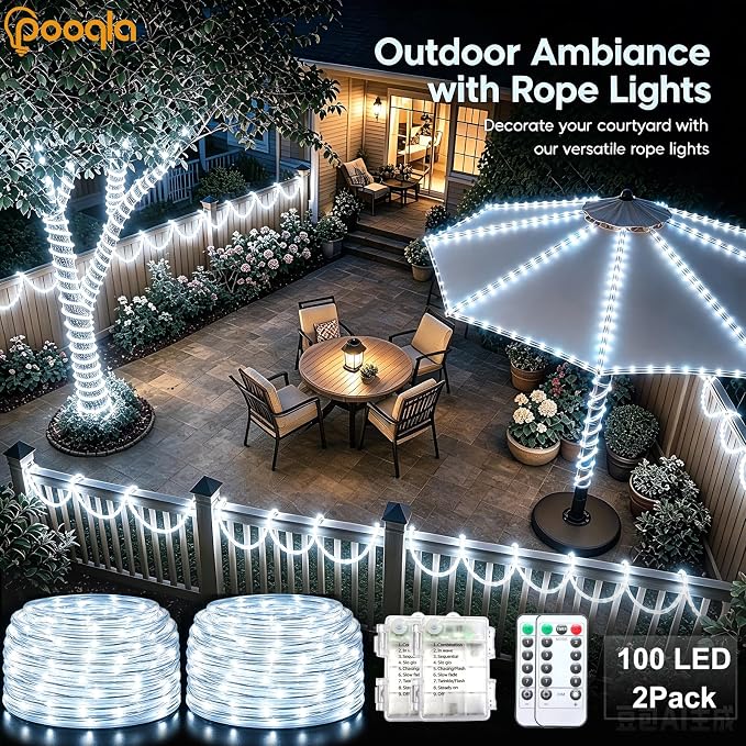 Rope Lights Outdoor, 2 x 100LED Cool White Battery String Lights | Rope Lights Outdoor with 8 Modes Remote&Timer, Waterproof Battery Operated Camping Lights for Car Trampoline