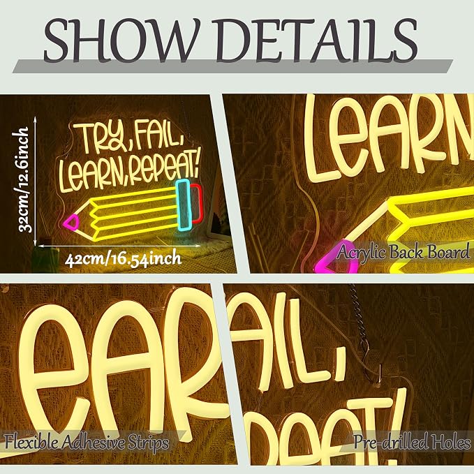 Try Fail Learn Repeat Neon Sign Pencil LED Read Books Neon Light Motivational Learning Light Up Sign for Wall Decor Office Classroom Study Room Shop Bookstore