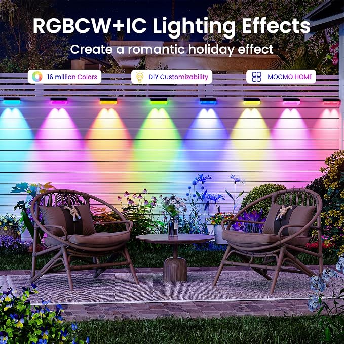 16 Pack 100ft Outdoor Deck Lights, Fence Lights APP/Remote Control | RGBICfence lights,16 Million Monochrome Modes,IP67 Waterproof, Color Changing Fence Lights for Fence
