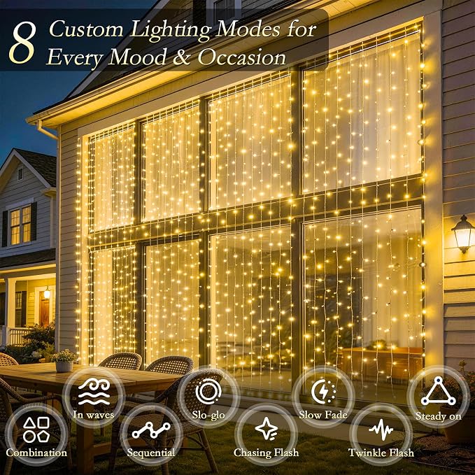 Curtain String Lights Indoor, 200LED 6.6 * 6.6FT USB Plug-in Window Curtain Lights with Timer and 8 Modes, Waterproof Warm White Curtain Fairy Lights for Bedroom Room Wedding Outdoor Decor