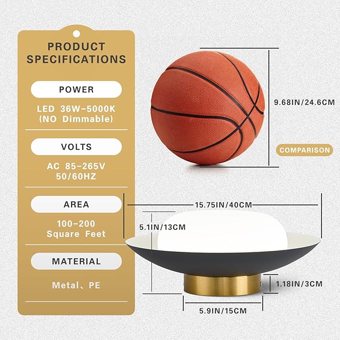 Modern LED Semi Flush Mount Ceiling Light Fixture,Round Matte Black and Gold Close to Ceiling Lamp Flushmount Lighting Fixtures for Kitchen Master Bedroom Living Room Entryway,5000K,15.74 inch