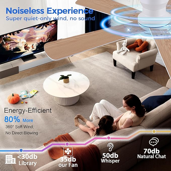 52" White Ceiling Fans with Lights and Remote/APP - Flush Mount Low Profile Ceiling Fan with 5 Reversible Dual-Sided Blades, Dimmable, 1/2/4H Timer, Modern Indoor Fan Light for Kitchen, Bedroom