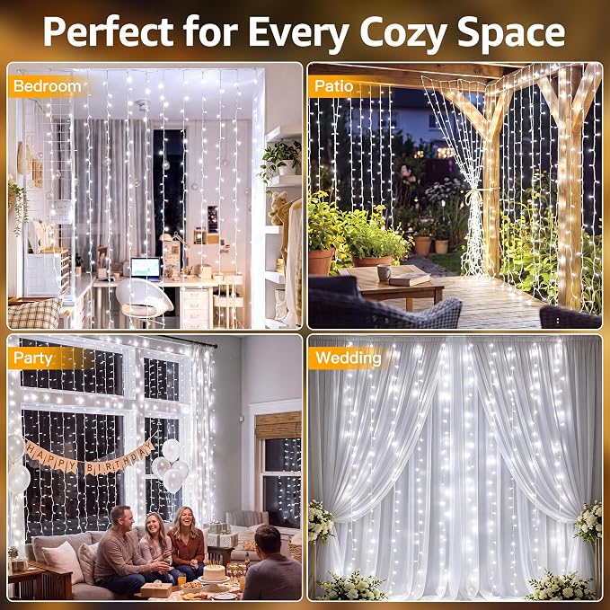 Ollny Curtain Lights 6.6x6.6ft, Plug in String Lights for Indoor Bedroom, 200 LED Connectable Fairy Light with Remote Timer 8 Modes, Waterproof Christmas Light for Outdoor Wedding, Cool White