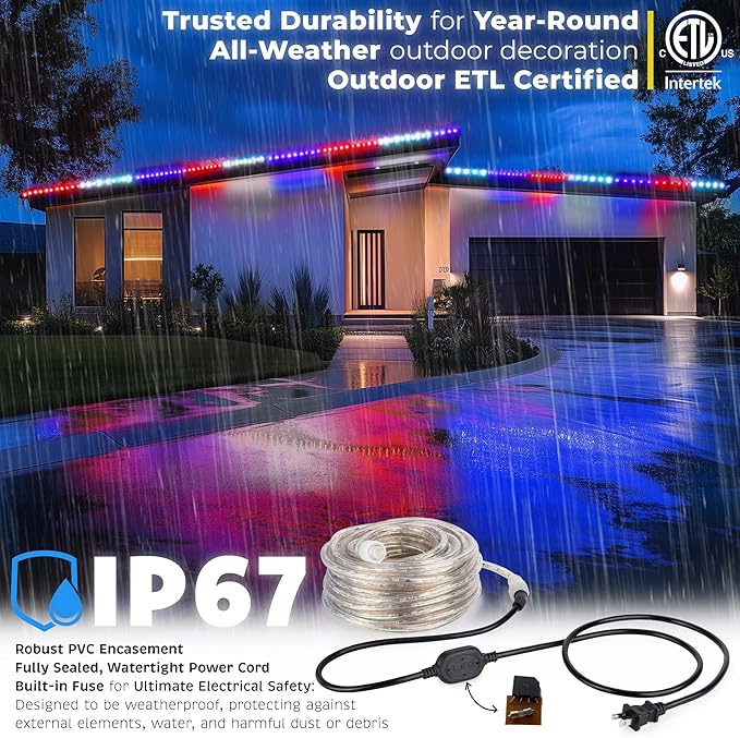WYZworks 288LEDs, 25ft LED American Flag Red White Blue Outside Rope Lights, Waterproof Permanent Outdoor ETL Certified, Connectable, Palm Tree Decorative Landscape Patio Accent Lighting - USA