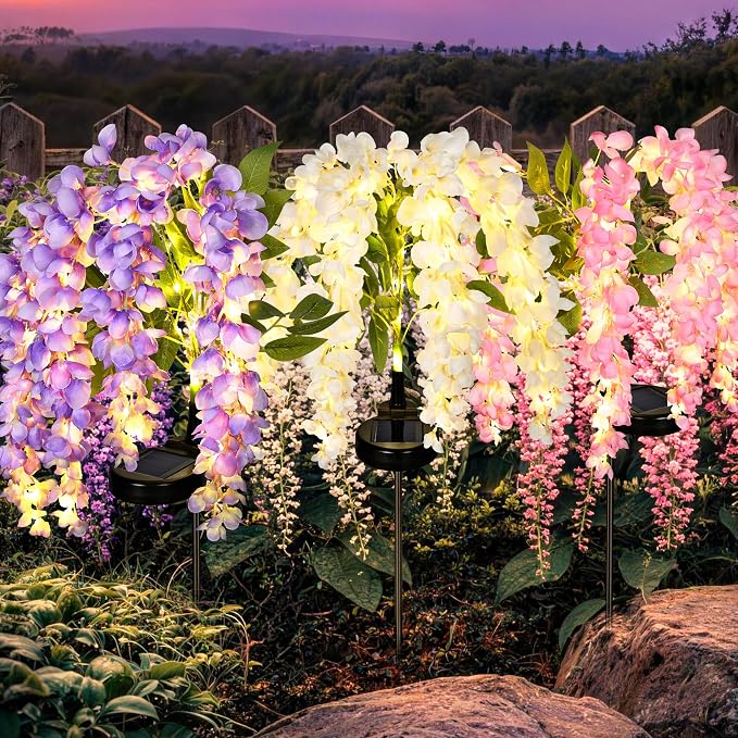 GIGALUMI 3 Pack Solar Wisteria Flowers Outdoor, 2 Modes, Multicolored | Flower Lights, IP65 Waterproof, Auto On/Off, Solar Powered, Garden Decor, for Pathway, Yard, Patio, Gardening Gifts for Women