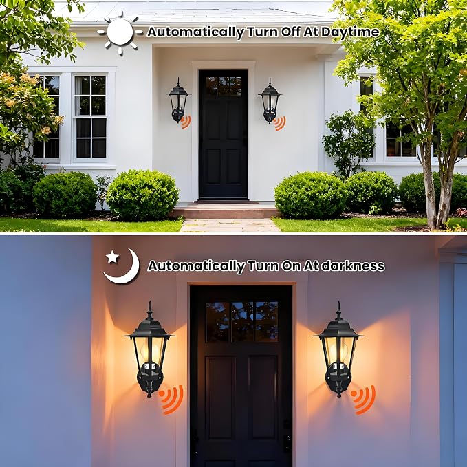 14.4"H Dusk to Dawn Outdoor Wall Light, Black Exterior Garage Lighting Fixtures, Outdoor Porch Light Wall Mount, Modern Outside Wall Lantern Sconce Sensor Dusk Dawn Light for House, 2 Pack, E26 Base