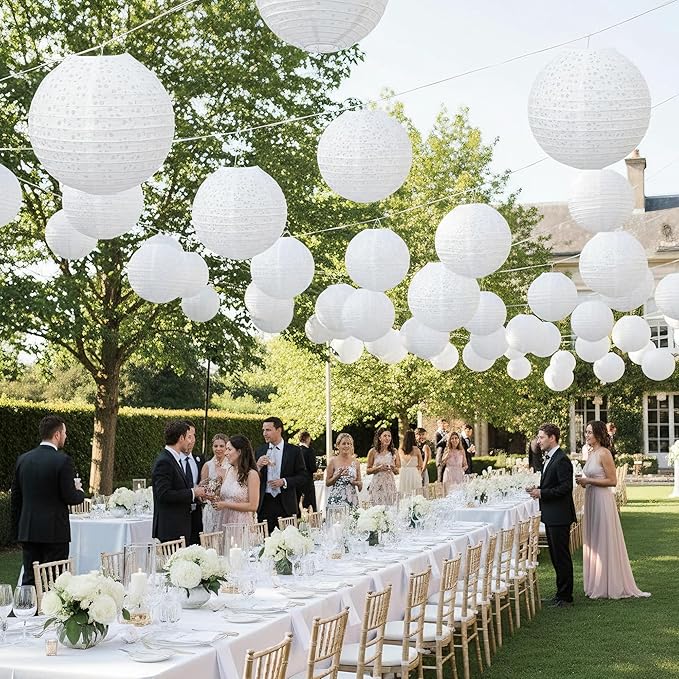 12Pack White Paper Lanterns Decorative Chinese Japanese Hanging Paper Lanterns Party Decorations 8Inch Round Hollow Lamps for Valentines Wedding Anniversary Baby Shower Outdoor Indoor Birthday Decor