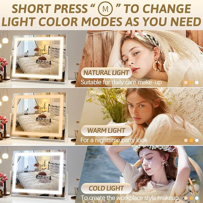 ROLOVE Vanity Mirror with Lights 22"x18", Lighted Makeup Mirror with 10X Magnification, Smart Touch 3 Colors Dimmable, 360° Rotation, Women Gift, Dresser Mount, Bathroom (White)