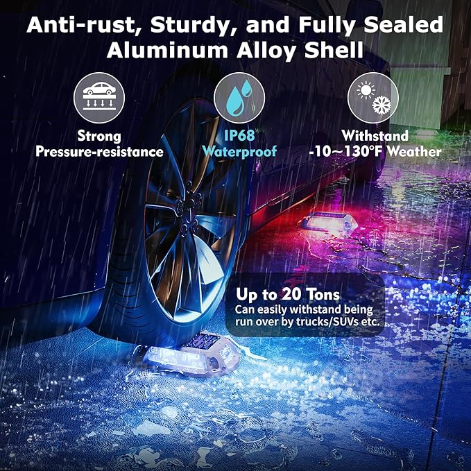 4Pack Aluminum Alloy Solar Driveway Lights, IP68 Solar Deck Light Marine Dock Lights Outdoor Waterproof, Multi-color LED Driveway Markers for Walkway, Path Decor [12Modes - Strobe/RGB/Fix-color]