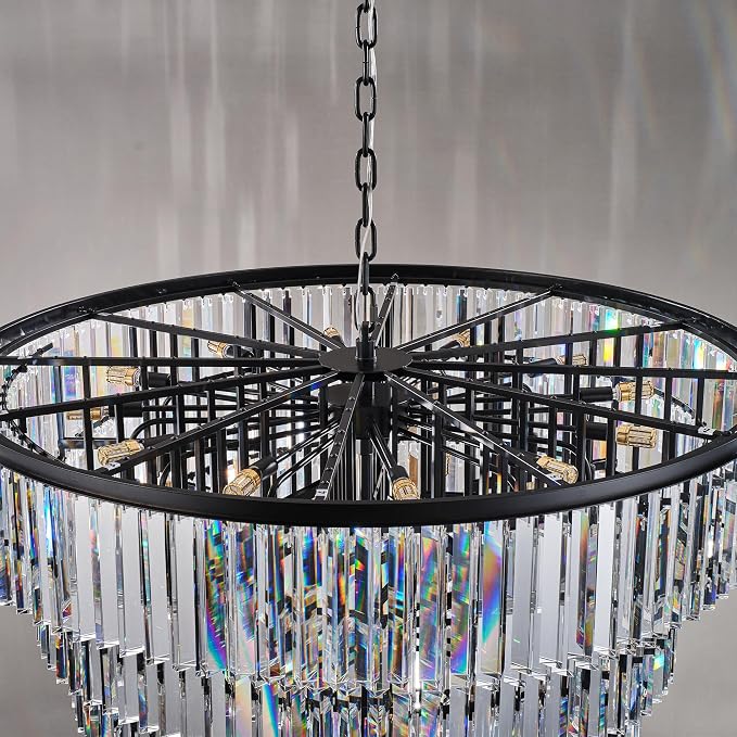 36'' Spiral Crystal Chandelier Black Modern Light Fixture, Large High Ceiling Foyer Ceiling Pendant Light, 30 E12 LED Bulbs Included, Adjustable Chain Hanging Lamp for Entryway, Hallway, Black