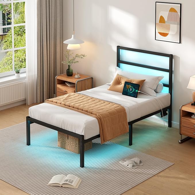 CLIBFENG Twin Bed Frame with Headboard,Heavy Duty Steel Slats Support-LED Bed Frame with USB Charging Station,Mattress Foundation-Under Bed Storage,No Box Spring Needed,Noise Free，Black