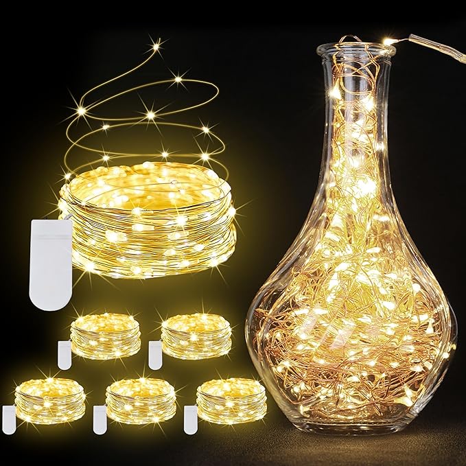 6 Pack Fairy Lights Battery Operated String Lights - 7FT 20 LED Waterproof Silver Wire Firefly Lights for DIY Wedding Décor Table Centerpieces Craft Mason Jars Party Decor (Warm White)