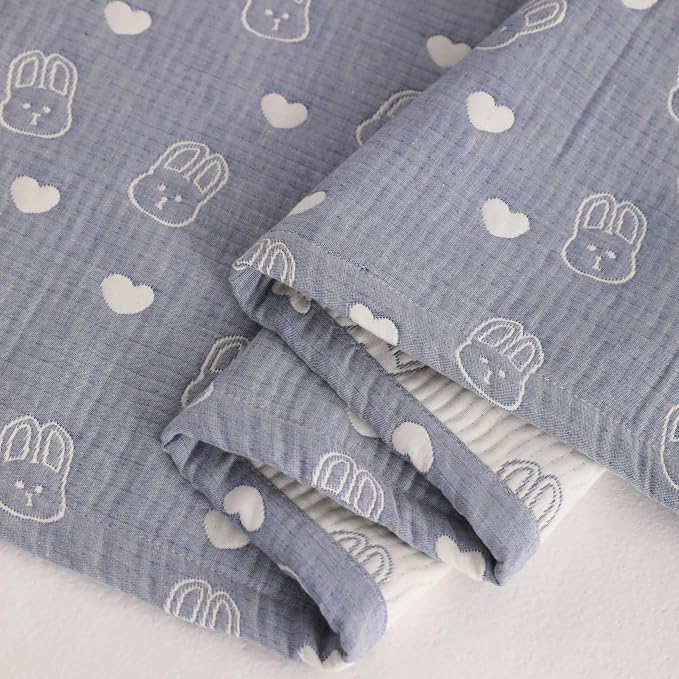 NTBAY 3 Layer Oversized Muslin Toddler Blanket, 45 x 60, Blue Rabbit | Muslin Cotton Outer Layers with Light Thermal Fiber Fill, Reversible Blanket for Daycare, Travel, Naps, and Supervised Use
