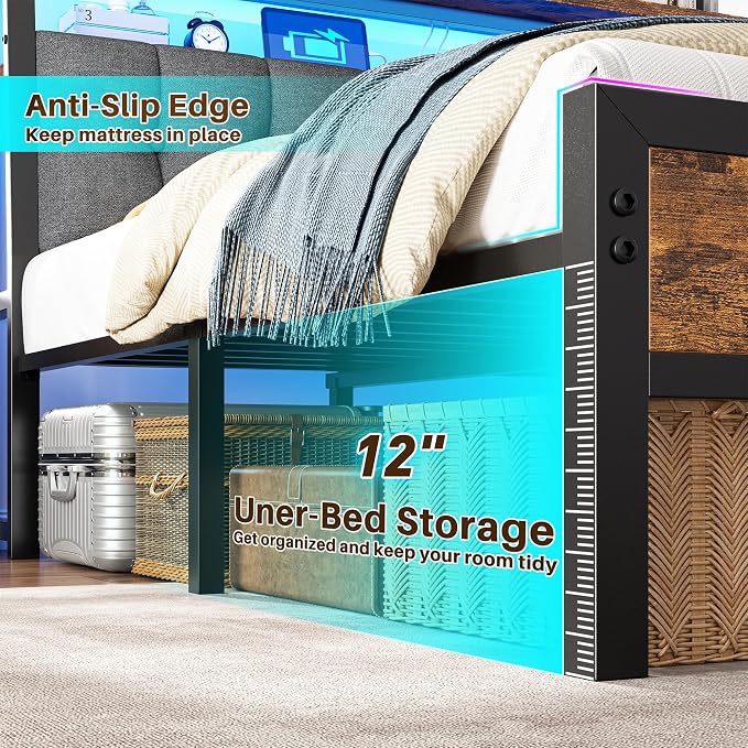 Homkdom Full Size Bed Frame with Headboard & Charging Station | Linen Upholstery, 2-Tier Shelf, 2 Outlets, USB-A, Type-C, RGB LED Remote, 12" Underbed Space, 900 lbs, No Box Spring, Brown