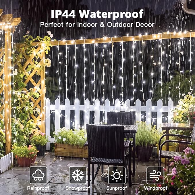 Ollny Curtain Lights 600 LED 19.7x9.8ft, Outdoor Waterproof String Lights for Backdrop, Fairy Light with Remote Timer 8 Modes, Plug in Christmas Light for Wall Wedding Patio Gazebo, Cool White