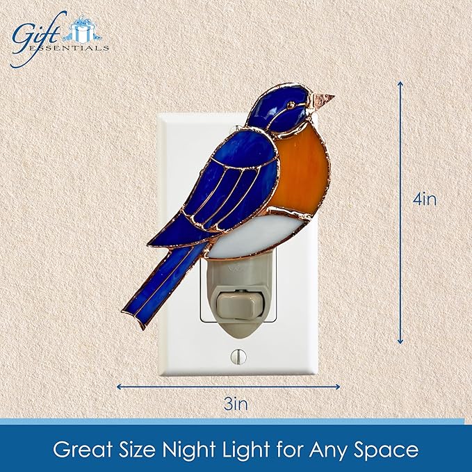 Gift Essentials Bluebird Plug in Night Light - Stained Glass Nightlight with On/Off Rocker Switch - Includes One 4 Watt Replaceable Incandescent Warm Glow Bulb