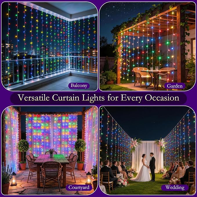 Curtain String Lights Indoor, 200LED 6.6 * 6.6FT USB Plug-in Window Curtain Lights with Timer and 8 Modes, Waterproof Multicolor Curtain Fairy Lights for Bedroom Room Wedding Outdoor Decor
