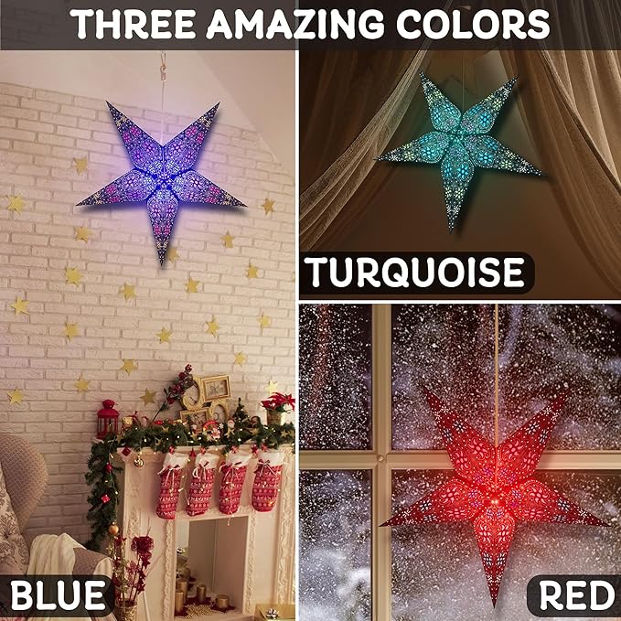 GalaxyArts Paper Star Lantern, 24 Inch Chakra Turquoise 3D Light-Up Hanging Lamp, Handcrafted Hollow Out Star Decoration for Christmas, Wedding, Parties, Birthday, Indoor Outdoor Home Décor (Medium)