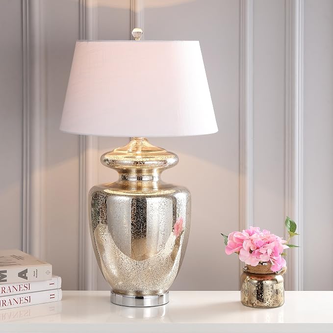 JONATHAN Y Hughes 31" Glass Table Lamp, Mercury Silver/Ivory | Contemporary Urn Bedside Lighting for Living Room, White Linen Drum Shade, Chrome Metal Base, LED Bulb Included