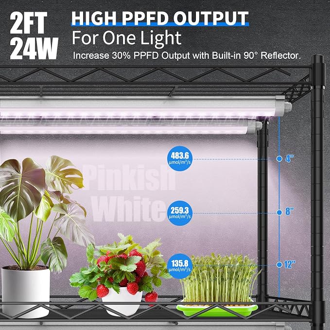 JESLED Waterproof T8 Grow Lights, 2FT Full Spectrum Pinkish White, 6Packs | 144W(6 X 24W)900W Equivalent, V-Shaped Beam, On/Off Switch, Linkable Plant Light Strip for Greenhouse, Shelf, Indoor Outdoor