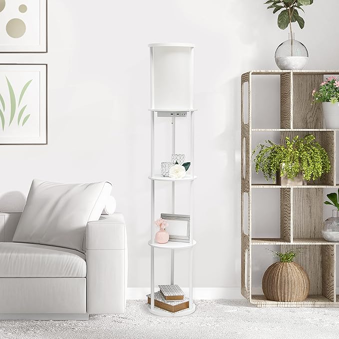 Simple Designs 62.5" LF2010-WHT Round Modern Shelf Etagere Organizer Storage Floor Lamp with 2 USB Charging Ports, 1 Charging Outlet and Linen Shade for Living Room Bedroom Office, White