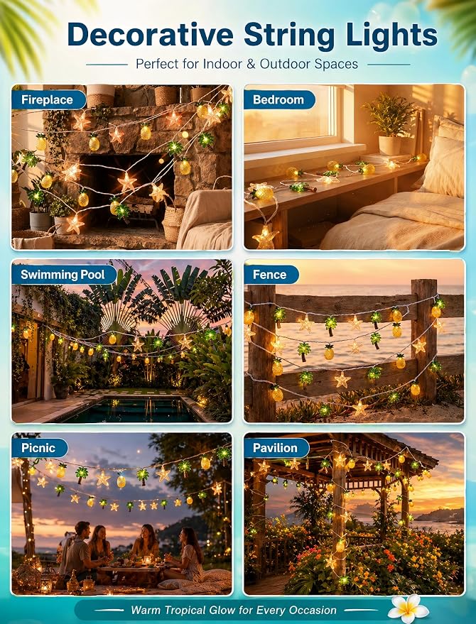 19Ft Hawaiian Beach String Lights Outdoor with 35 LED Starfish, Pineapple & Palm Tree Lights, Plug-in Tropical Party Decoration for Patio, Backyard, Garden, Window, Tiki Bar, Pool Party Decor