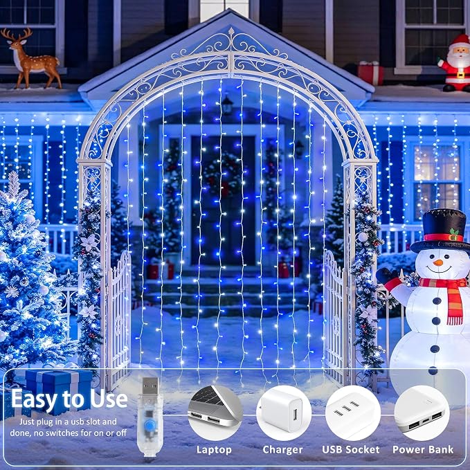 JMEXSUSS 200 LED USB Curtain Lights Blue and White | Remote Curtain Christmas Lights, 8 Modes Christmas String Lights for for Bedroom, for Christmas, for Party, 6.5ftx6.5ft