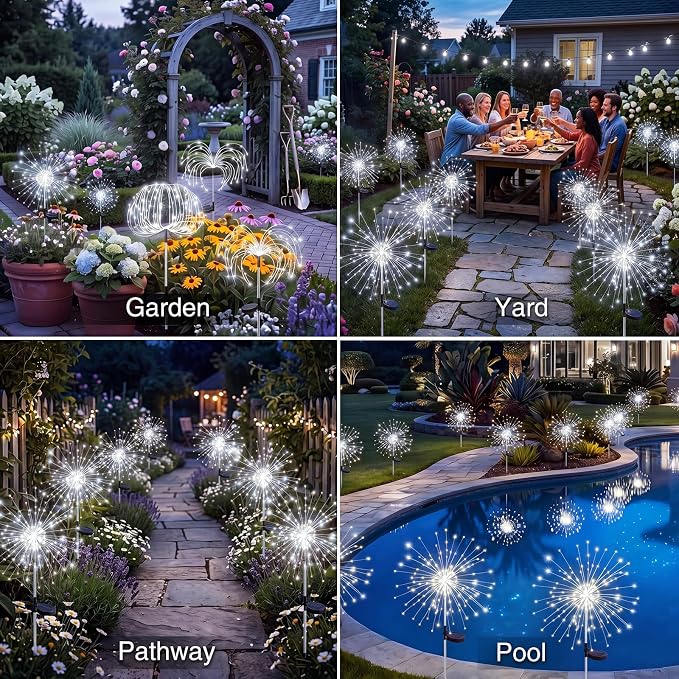 btfarm 3 Pack Solar Garden Lights Outdoor, 8 Modes Firework Lights Outside | 120LED, Waterproof Fairy Twinkle Light Solar Powered for Yard Christmas Pathway Lawn Pool Patio Decorative, Cool White