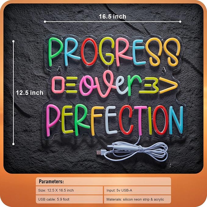 Progress Over Perfection Neon Sign, Positive Affirmation LED Light for Wall Decor Multicolored Signs for School Motivational Classroom Kids Room Home Compatible with Timer (15.7 X 12.6 in)