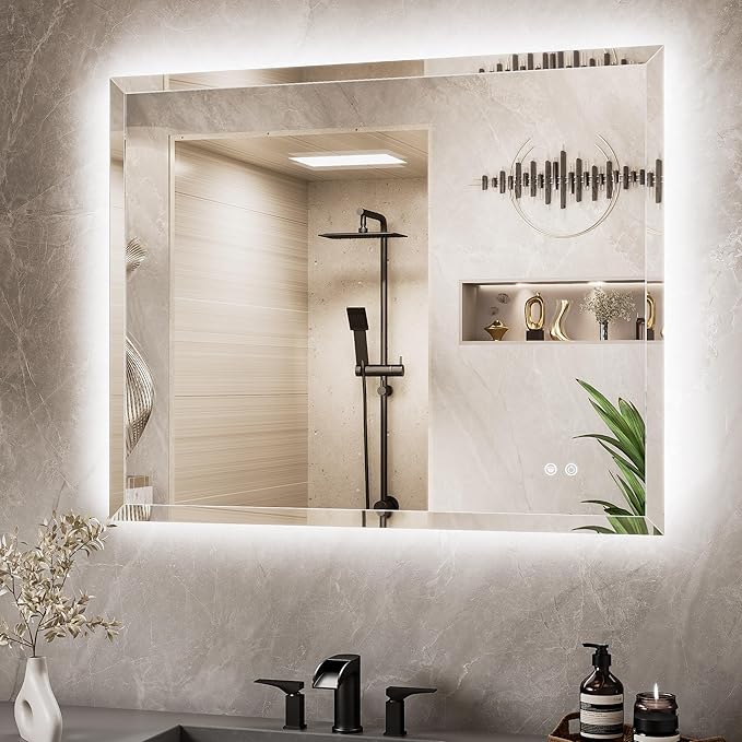 TETOTE 40 x 32 Backlit Mirror Bathroom, LED Vanity Mirror with Beveled Edge, Safe Tempered Glass, 3 Color Temperature, Anti-Fog, Dimmable, Smart Bathroom Mirror, Wall-Mounted Vanity Mirrors