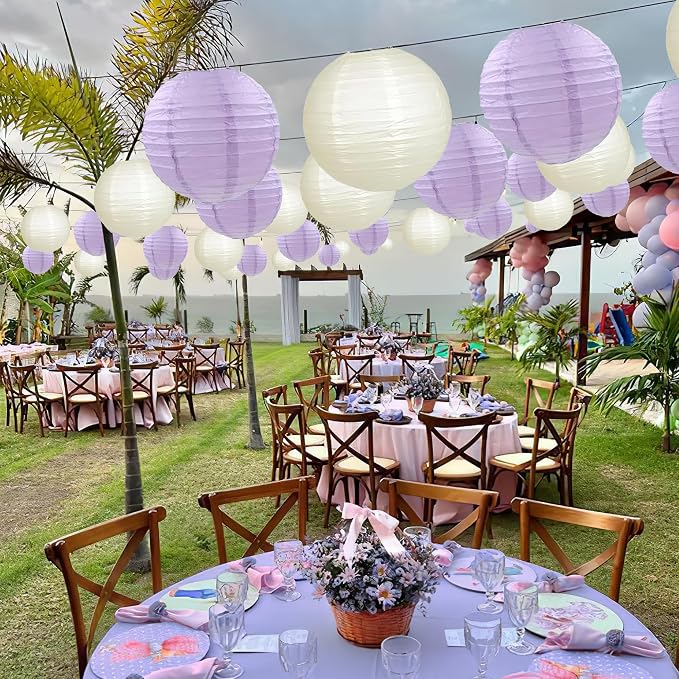 20Pcs Paper Lanterns, Purple and Ivory Round Hanging Lanterns for Wedding | 6"8"10" Round Paper Lanterns Decorations for Engagement Rustic Party Bridal Shower Birthday Baby Shower Home Classroom Decor
