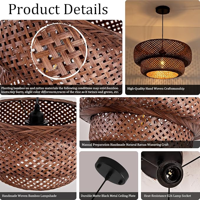 TeruTeru Ji Kaikang Bamboo Pendant Light,17.7" Brown Rattan Hanging Light | Boho Curry Bamboo Rattan Pendant Lights,Hand Woven Rattan Chandelier for Kitchen Island Dining Bedroom Living Room