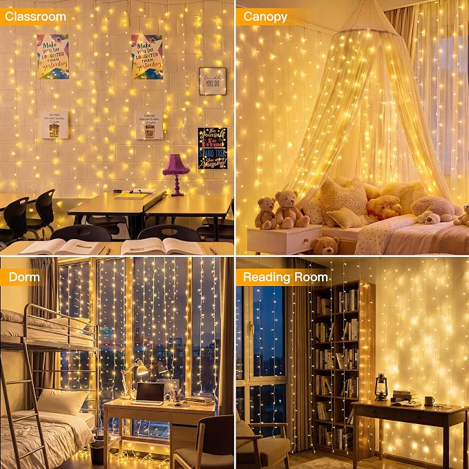 Ollny Curtain Lights 6.6x6.6ft, Plug in String Lights for Indoor Bedroom, 200 LED Connectable Fairy Light with Remote Timer 8 Modes, Waterproof Christmas Light for Outdoor Wedding, Warm White