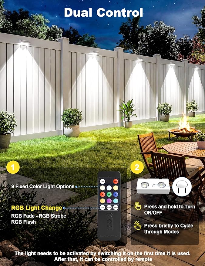 Fence Lights Solar Powered with Remote, 9 Fixed Colors ＆ Color Changing White Fence Lights Waterproof IP65 Dusk-to-Dawn LED Deck Lighting for Patio, Railing, Pool, Porch, Backyard, 12 Pack