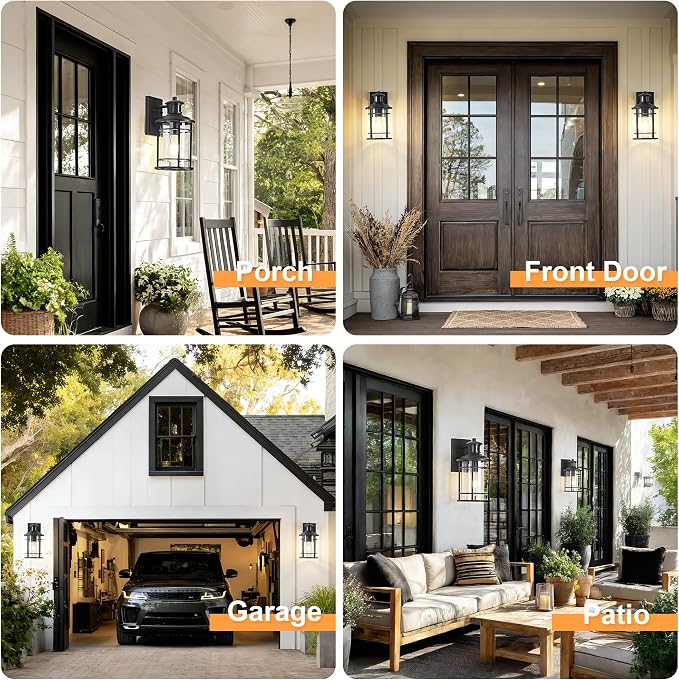 Motion Sensor Outdoor Wall Lights-Dusk to Dawn Porch Light,Black Outdoor Lights Fixture,3 Lighting Modes Waterproof Anti-Rust Outdoor Lights for House Porch Garage (2 Pack