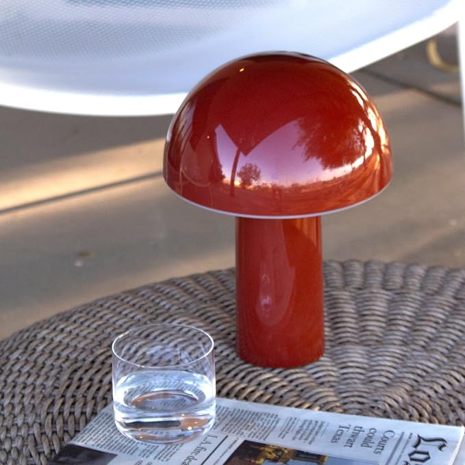 Brightech Celia Mood Lamp – 10" Touch-Controlled Mushroom Table Lamp, Cordless & Dimmable LED, Portable & Rechargeable Bedside Night Light, Sustainable Recycled Modern Patio Lamp for Home Décor – Red