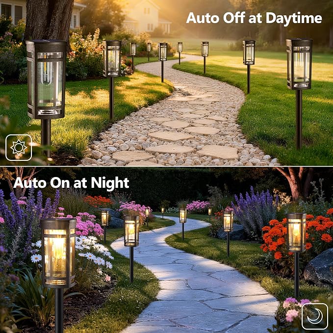 Jyoiat 6 Pack Solar Lights Outdoor, Waterproof Pathway Lights, Warm White | Solar Garden Lights with Auto On/Off for Walkways, Lawns, Paths and Yards; No Wiring Required for Easy Ground Installation