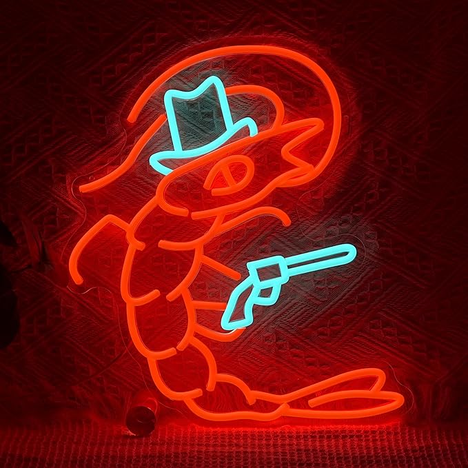 Cowboy Shrimp Neon Sign for Wall Decor Lobster Cowboy LED Light Sign Dimmable Seafood Light Up Sign For Man Cave Restaurants Pub Bar Bedroom Party