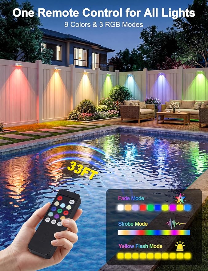 Fence Lights Solar Powered with Remote, 9 Fixed Colors ＆ Color Changing White Fence Lights Waterproof IP65 Dusk-to-Dawn LED Deck Lighting for Patio, Railing, Pool, Porch, Backyard, 12 Pack