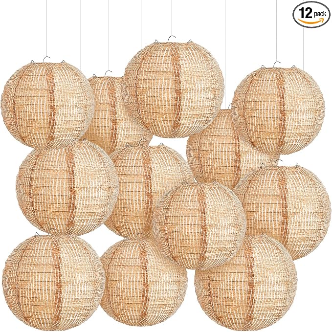 12 Pcs Print Burlap Paper Lanterns Round Chinese Paper Lanterns Farmhouse Boho Classroom Home Decor Classroom Sweet Birthday Party Ceremonial Event (10/12 Inch)