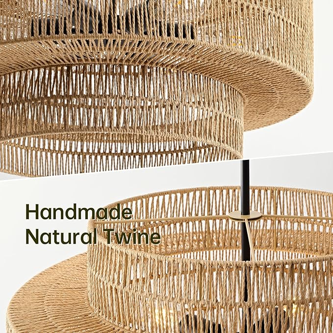 24" Boho Large Rattan Chandelier Light Fixture, 6-Light Large Black Pendant Light Fixture Farmhouse Rustic Chandeliers for Kitchen Bedroom, Dining Room, Living Room, Hallway, Foyer