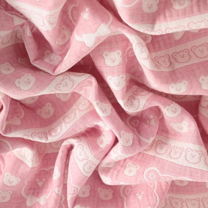 NTBAY 3 Layer Oversized Muslin Toddler Blanket, 45 x 60, Pink Bear | Muslin Cotton Outer Layers with Light Thermal Fiber Fill, Reversible Blanket for Daycare, Travel, Naps, and Supervised Use