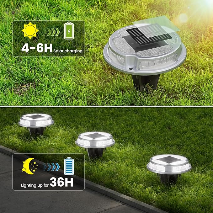 VOLISUN Solar Driveway Deck Lights Dock Marine Lights,4 Pack Solar Ground Light 2 Colors in 1 led Waterproof,Driveway Marker Light for Pathway Warning Step (White/Warm White),Auto On/Off